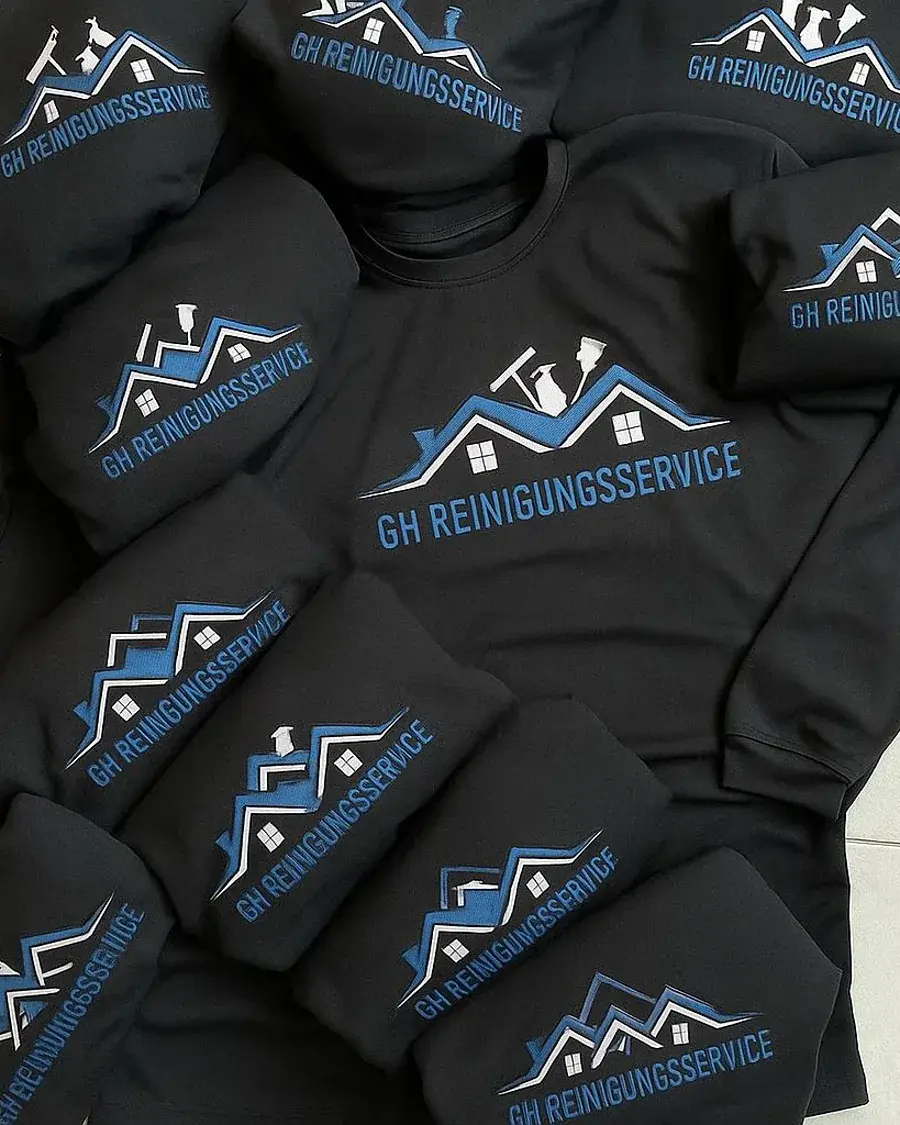 Charge schwarzer Sweatshirts mit mehrfarbiger Bruststickerei für einen Reinigungsdienst